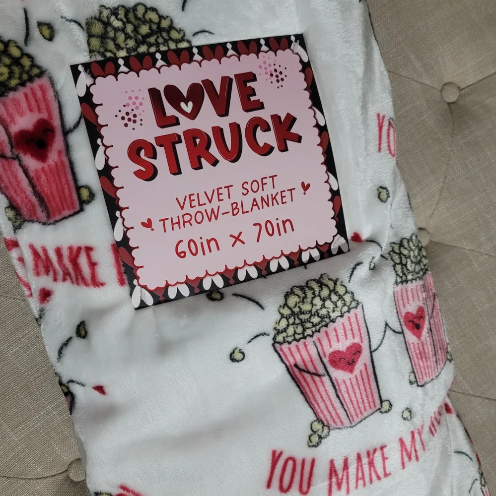 Oversized Plush Throw Blanket 60x70 Valentines Popcorn Movie Night Love Struck